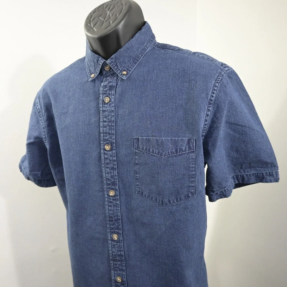 Banana Republic Button Up Men L Slim Fit Blue Short Sleeve Denim Pocket Shirt